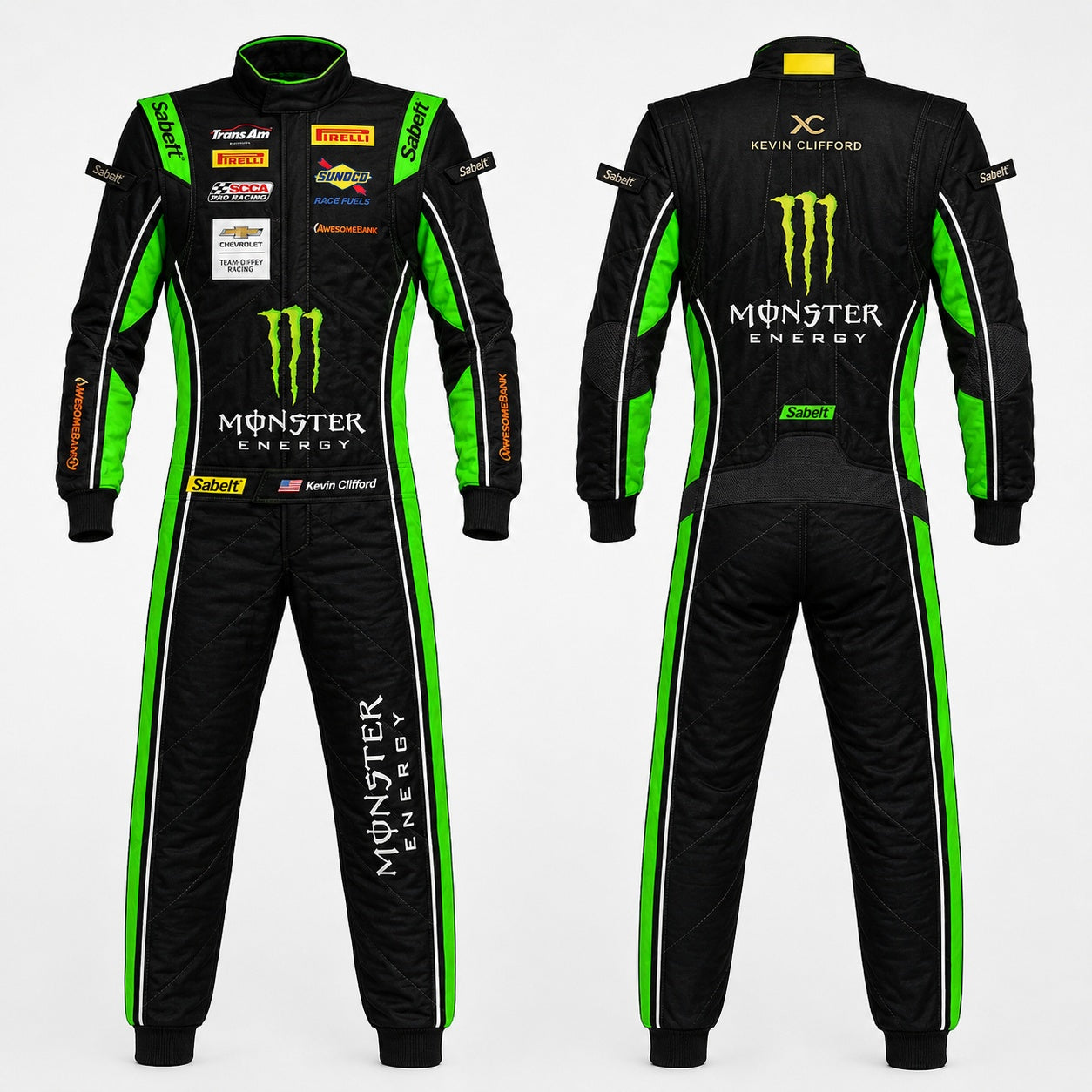 Black racing suit with green accents and Monster Energy branding on a white background