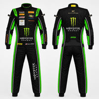 Thumbnail for Black racing suit with green accents and Monster Energy branding on a white background