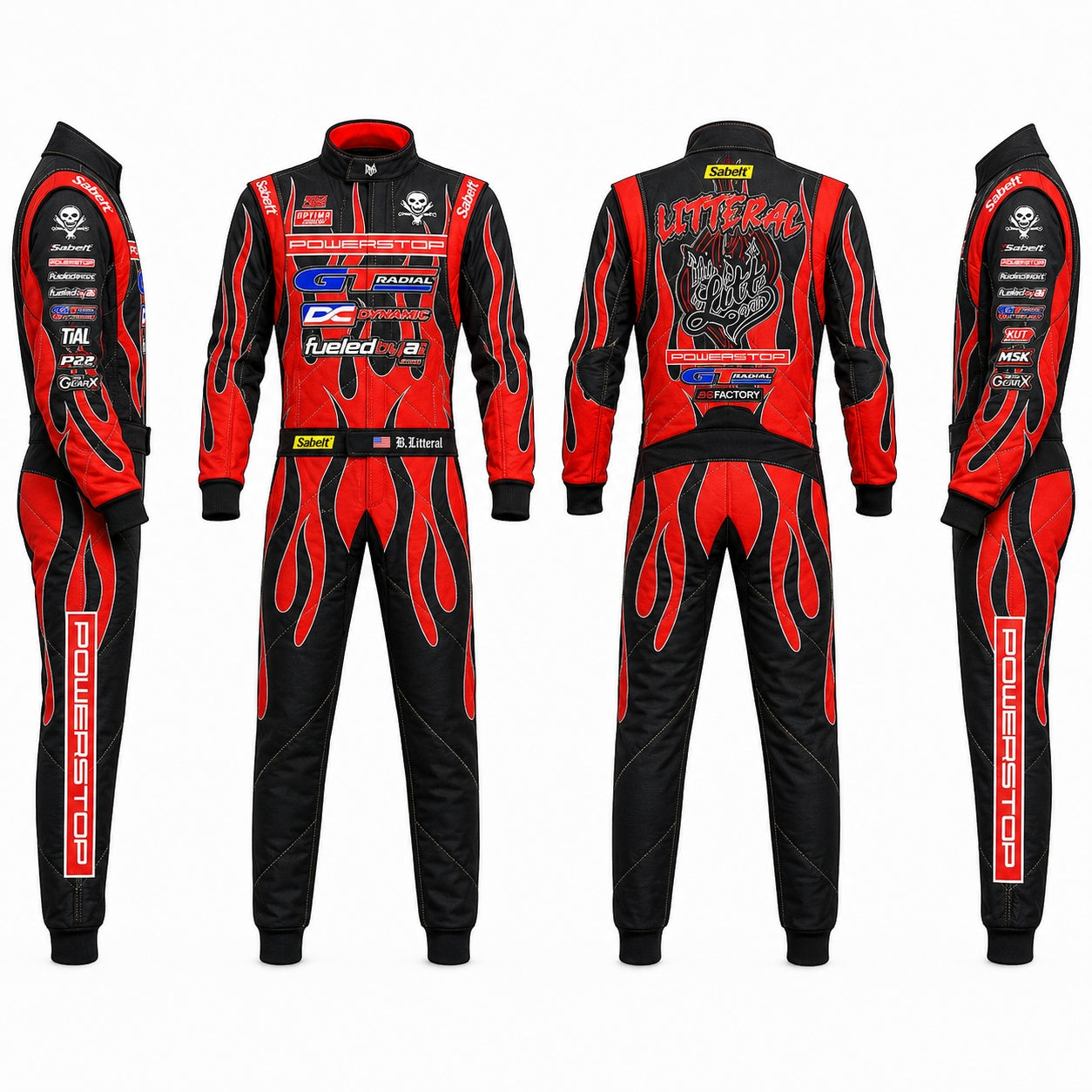 Black and red racing suit with various sponsor logos on a white background