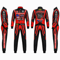 Thumbnail for Black and red racing suit with various sponsor logos on a white background