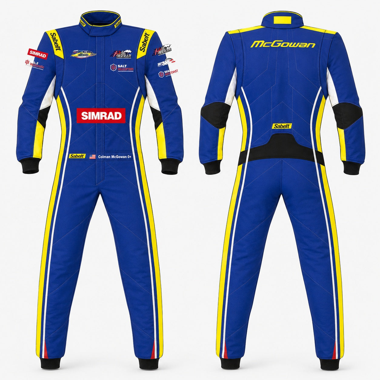 Blue racing suit with various sponsor logos on a white background