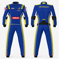 Thumbnail for Blue racing suit with various sponsor logos on a white background