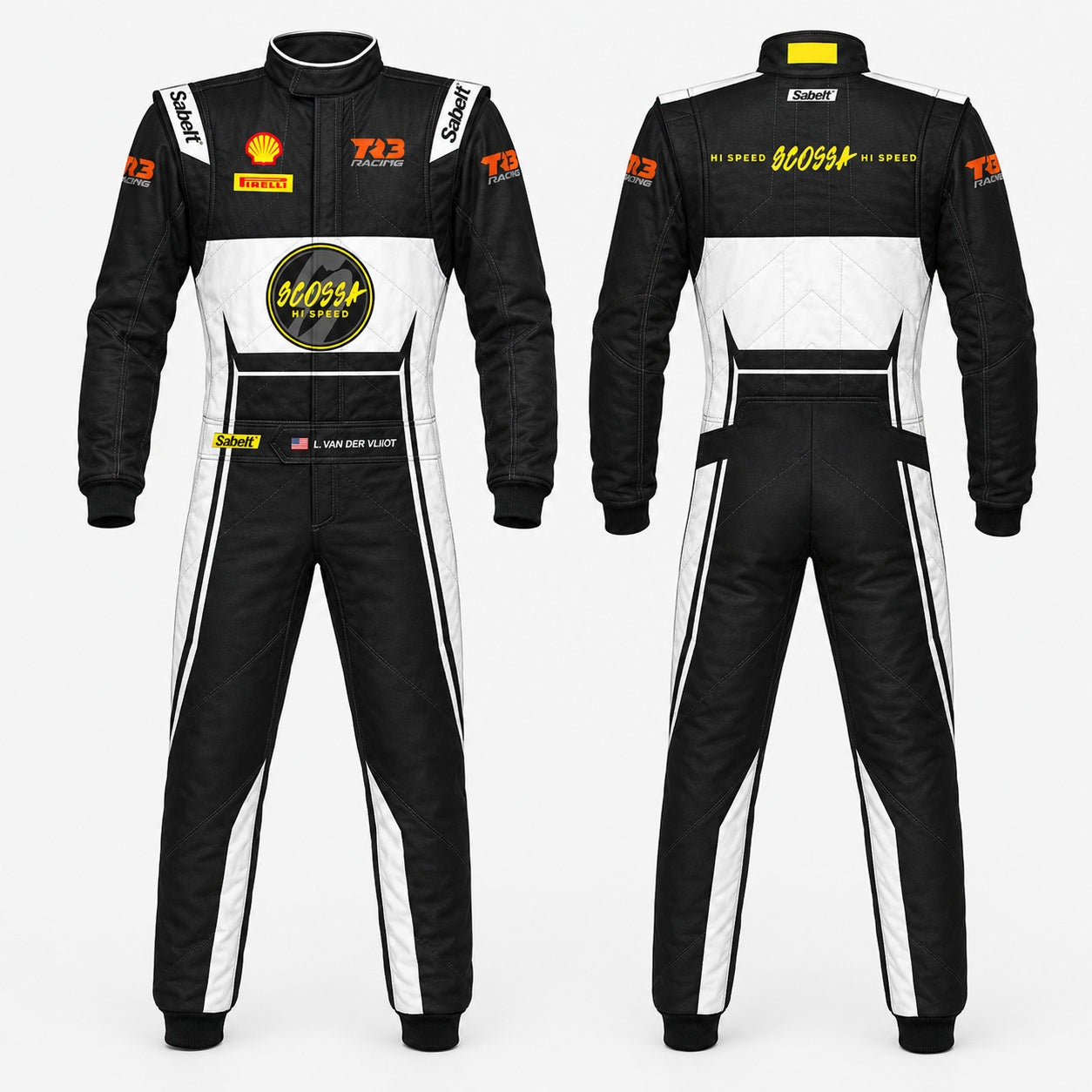 Black and white racing suit with various logos on a white background