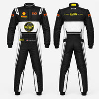 Thumbnail for Black and white racing suit with various logos on a white background