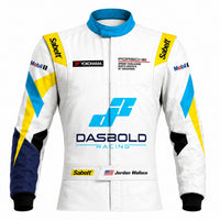 Thumbnail for White racing jacket with blue and yellow accents featuring various sponsor logos on a white background.