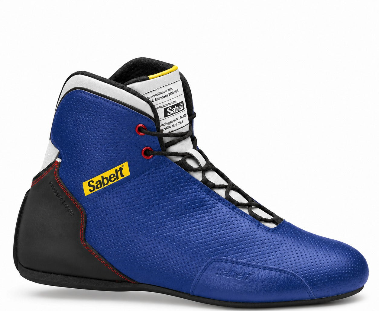 Sabelt Hero Pro TB-10 Racing Shoes in blue, single right-facing high-top racing shoe with black heel, red stitching, yellow Sabelt logo, black laces, and white tongue.