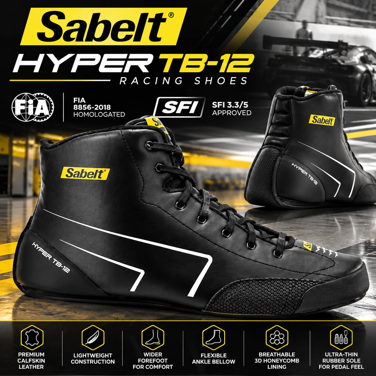 Sabelt Hyper TB-12 Leather Racing Shoes hero image featuring black calfskin racing boots, FIA 8856-2018 certification, lightweight construction, wider forefoot, flexible ankle support, breathable 3D honeycomb lining, and ultra-thin racing sole.