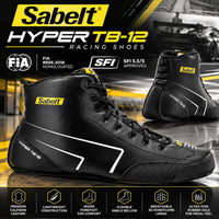 Thumbnail for Sabelt Hyper TB-12 Leather Racing Shoes hero image featuring black calfskin racing boots, FIA 8856-2018 certification, lightweight construction, wider forefoot, flexible ankle support, breathable 3D honeycomb lining, and ultra-thin racing sole.