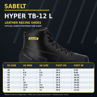 Thumbnail for Sabelt Hyper TB-12 Leather Racing Shoes sizing chart featuring black leather racing boots, EU sizes 38–46, official US and UK size conversions, foot length measurements, and FIA 8856-2018 racing footwear.