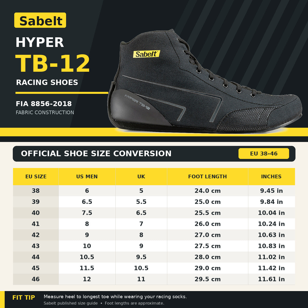 Sabelt Hyper TB-12 racing shoes size conversion chart and product image. The graphic features a black high-top racing shoe on a dark background, alongside a table converting EU sizes, US Men sizes, and UK sizes to foot lengths and inches.