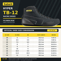 Thumbnail for Sabelt Hyper TB-12 racing shoes size conversion chart and product image. The graphic features a black high-top racing shoe on a dark background, alongside a table converting EU sizes, US Men sizes, and UK sizes to foot lengths and inches.