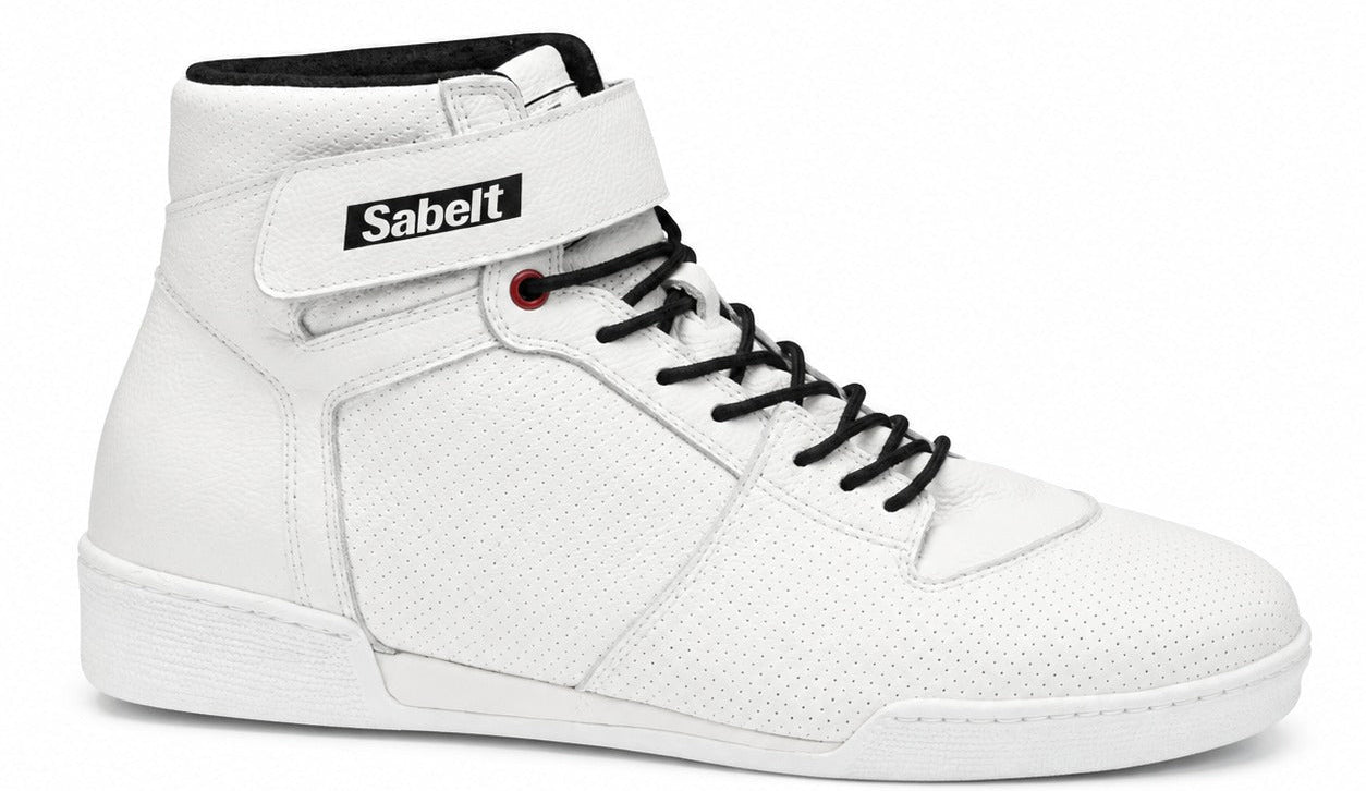 Sabelt Lazer TB-3 Racing Shoes in white, single right-facing high-top shoe with black laces, ankle strap, Sabelt logo, perforated leather upper, and white sole.