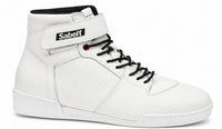 Thumbnail for Sabelt Lazer TB-3 Racing Shoes in white, single right-facing high-top shoe with black laces, ankle strap, Sabelt logo, perforated leather upper, and white sole.