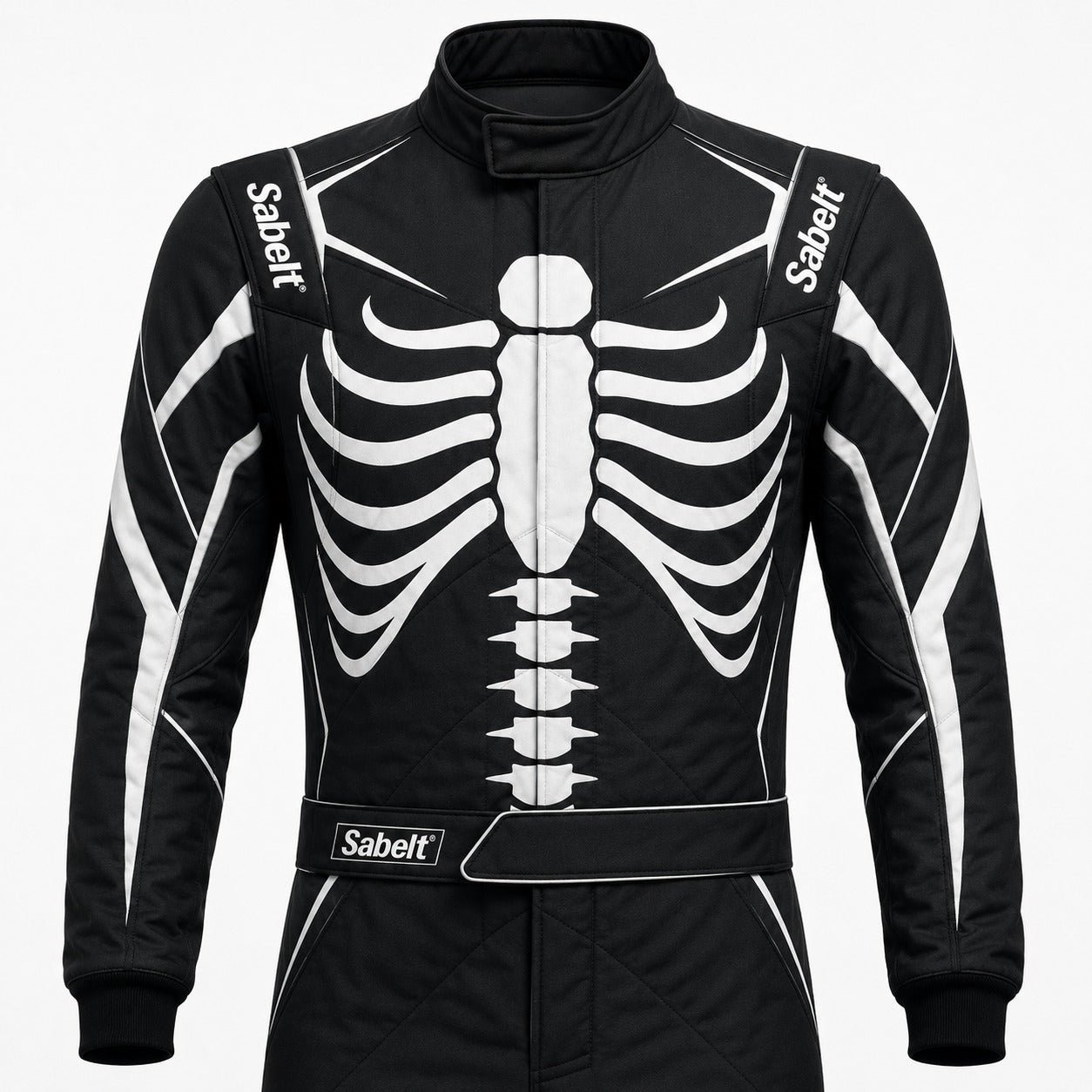 Sabelt custom black skeleton racing suit half image with white rib cage graphic, Sabelt shoulder logos, and clean white Shopify-ready background.