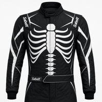 Thumbnail for Sabelt custom black skeleton racing suit half image with white rib cage graphic, Sabelt shoulder logos, and clean white Shopify-ready background.