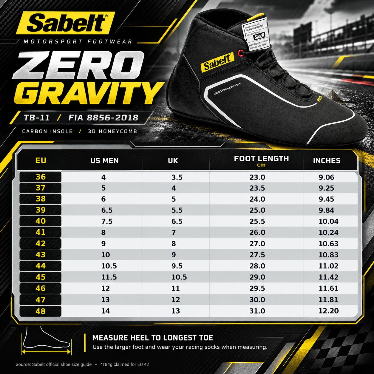 Sabelt TB-11 Zero Gravity Racing Shoes sizing chart featuring black and yellow motorsport styling, EU sizes 36–48, US men's and UK shoe size conversions, foot length measurements in centimeters and inches, and FIA 8856-2018 certification.