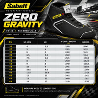Thumbnail for Sabelt TB-11 Zero Gravity Racing Shoes sizing chart featuring black and yellow motorsport styling, EU sizes 36–48, US men's and UK shoe size conversions, foot length measurements in centimeters and inches, and FIA 8856-2018 certification.