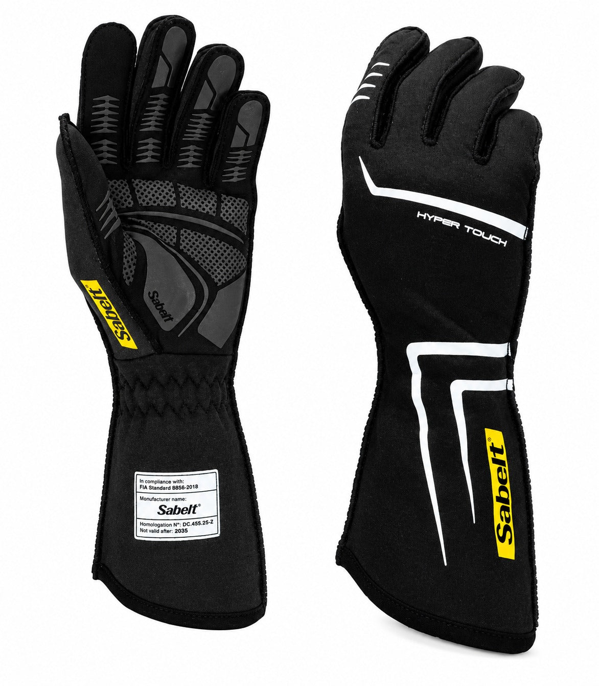 A pair of black Sabert Hyper Touch racing gloves shown against a plain white background, displaying both the back of the left hand and the palm of the right hand.