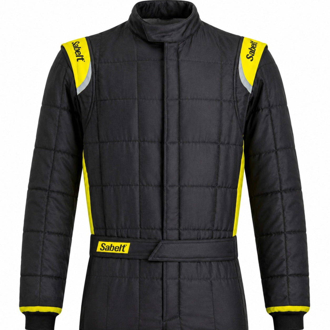 Black quilted jacket with yellow accents and Sabelt branding on a white background
