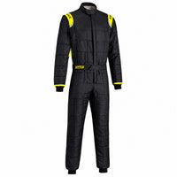 Thumbnail for Sabelt TS-2 racing suit black with yellow accents full front product image.