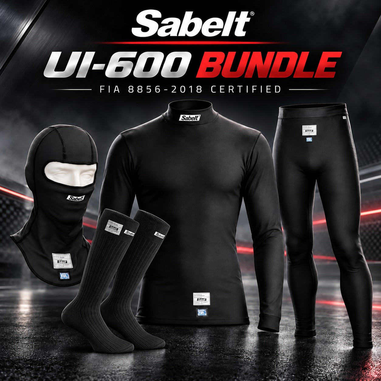 Sabelt UI-600 Bundle consisting of a black long-sleeve compression shirt, black leggings, black knee-high socks, and a black balaclava mask, displayed against a dark racing-style background with Sabelt branding and certification text.