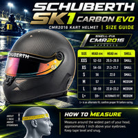 Thumbnail for Schuberth SK1 Carbon Evo Kart Racing Helmet Sizing Chart Featuring Snell-FIA CMR2016 Certification, XXS to L+ Sizes, Head Circumference in Centimeters and Inches, Small and Medium Shell Sizes, and Helmet Measuring Instructions.