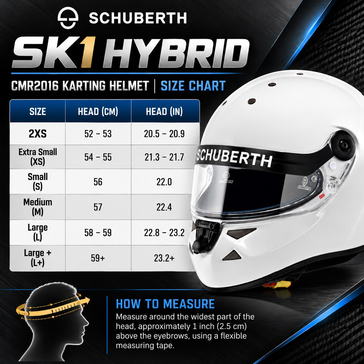Schuberth SK1 Hybrid CMR2016 kart racing helmet sizing chart showing sizes 2XS through Large+ with head circumference measurements in centimeters and inches.