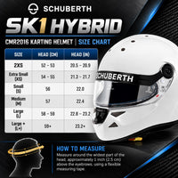 Thumbnail for Schuberth SK1 Hybrid CMR2016 kart racing helmet sizing chart showing sizes 2XS through Large+ with head circumference measurements in centimeters and inches.