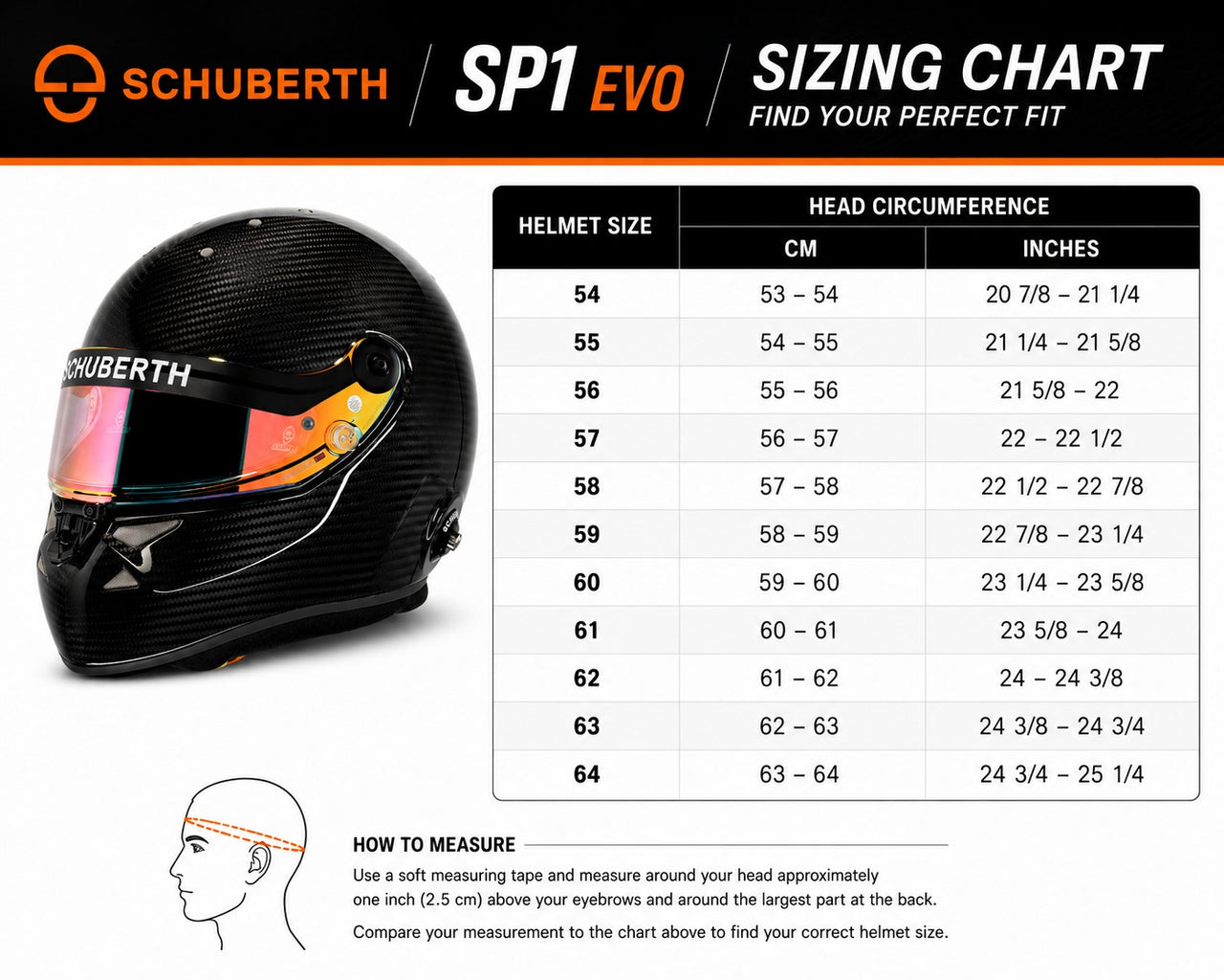 Schubert SP1 EVO helmet sizing chart graphic with a black carbon-fiber full-face helmet on the left, a measurement table in the center, and a head-measuring diagram at the bottom on a white background.