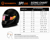 Thumbnail for Schubert SP1 EVO helmet sizing chart graphic with a black carbon-fiber full-face helmet on the left, a measurement table in the center, and a head-measuring diagram at the bottom on a white background.
