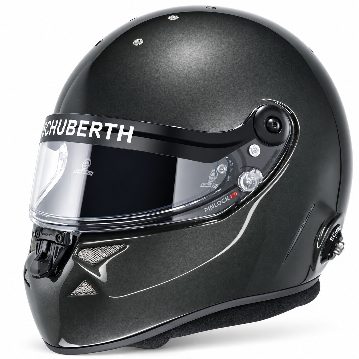 SCHUBERTH SP1 Hybrid Racing Helmet in anthracite with clear Pinlock visor, front ventilation system, and aerodynamic hybrid shell, Snell SA2025 and FIA certified.