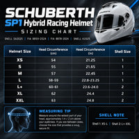 Thumbnail for SCHUBERTH SP1 Hybrid Racing Helmet sizing chart showing helmet sizes XS to XXL, head circumference in centimeters and inches, and shell sizes for Snell SA2025 and FIA certified helmets.