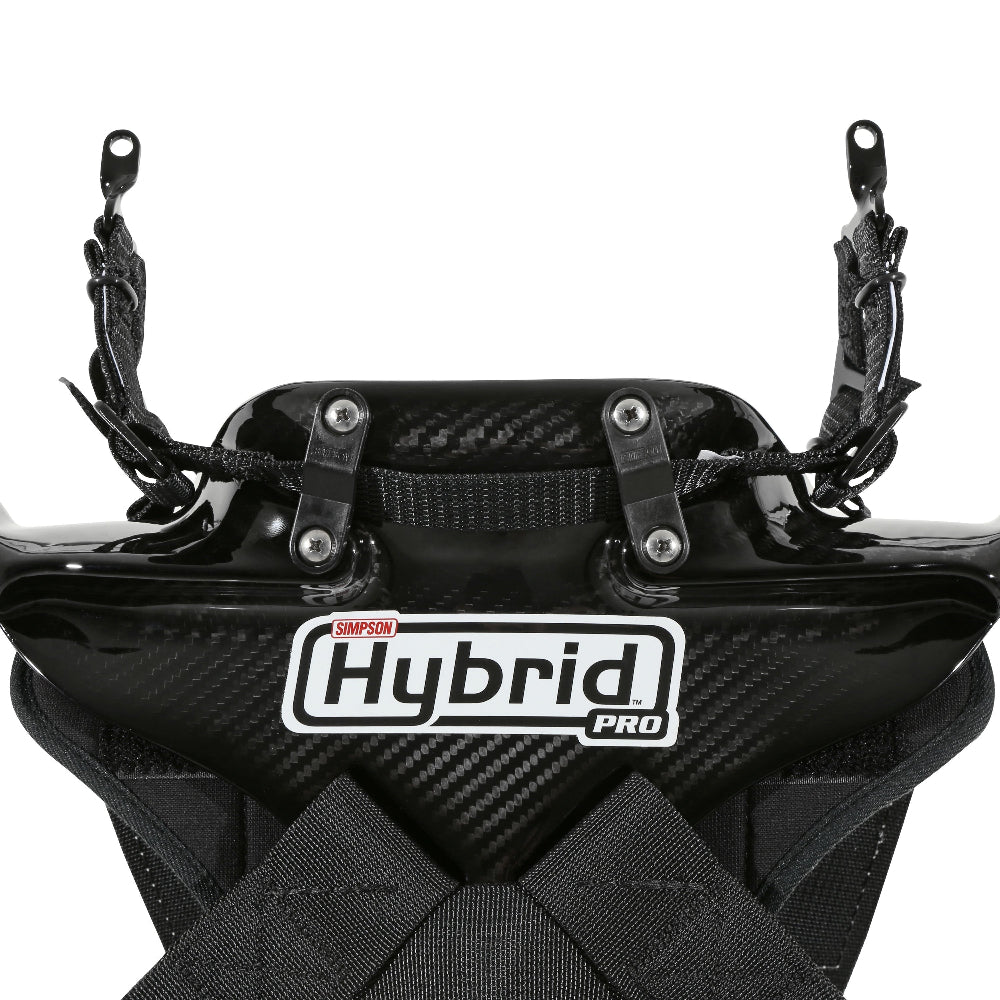 Close-up of Simpson Hybrid Pro Head and Neck Restraint Carbon Fiber Shell and Tether Mounts