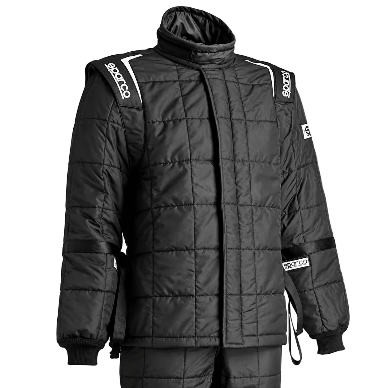 Sparco AIR-15 drag racing suit upper torso in black with quilted SFI padding and Sparco shoulder branding