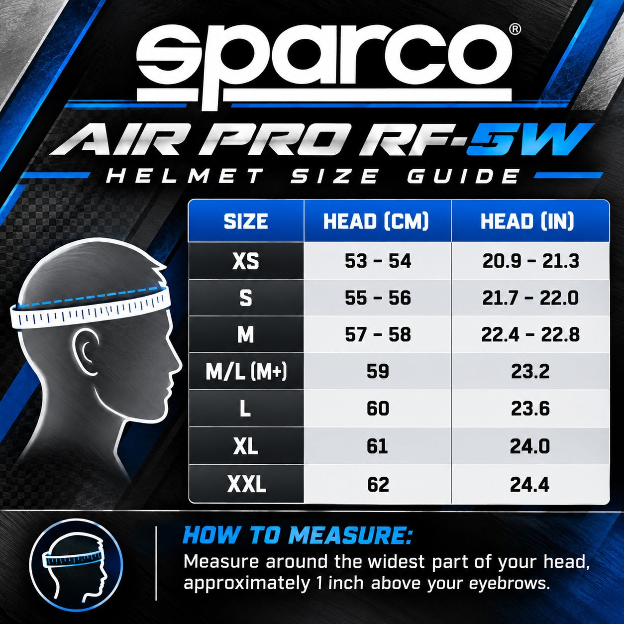 Sparco Air Pro RF-5W Racing Helmet Sizing Chart showing XS through XXL sizes, head circumference measurements in centimeters and inches, and instructions for measuring your head.