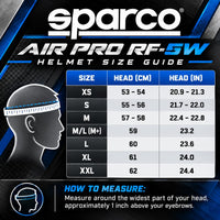 Thumbnail for Sparco Air Pro RF-5W Racing Helmet Sizing Chart showing XS through XXL sizes, head circumference measurements in centimeters and inches, and instructions for measuring your head.