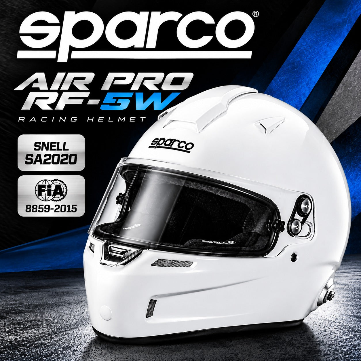 Sparco Air Pro RF-5W White Racing Helmet Hero Image – Snell SA2020 and FIA 8859-2015 Certified Full-Face Helmet with Blue and Black Motorsport Background.