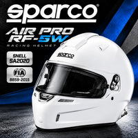 Thumbnail for Sparco Air Pro RF-5W White Racing Helmet Hero Image – Snell SA2020 and FIA 8859-2015 Certified Full-Face Helmet with Blue and Black Motorsport Background.