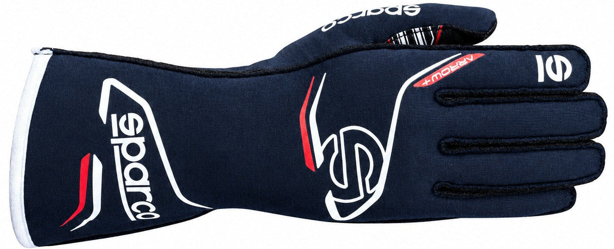 Sparco Arrow+ navy blue and red racing glove facing right on a white background