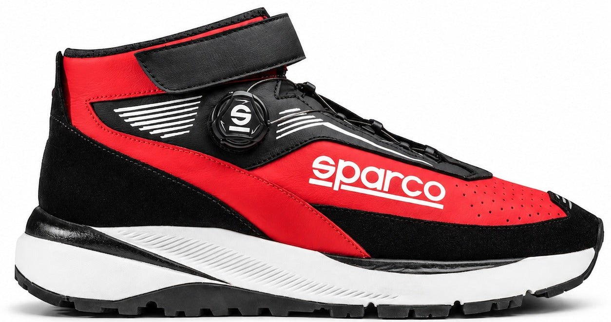 Sparco Chrono Racing Shoes in red and black, single right-facing racing shoe with rotor lace system, ankle strap, white Sparco side logo, and rugged white sole.
