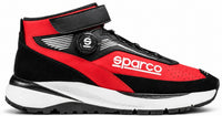 Thumbnail for Sparco Chrono Racing Shoes in red and black, single right-facing racing shoe with rotor lace system, ankle strap, white Sparco side logo, and rugged white sole.