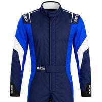 Thumbnail for Sparco Competition navy blue race suit half image with blue and white sleeve panels, black cuffs, Sparco shoulder logos, and clean white background.