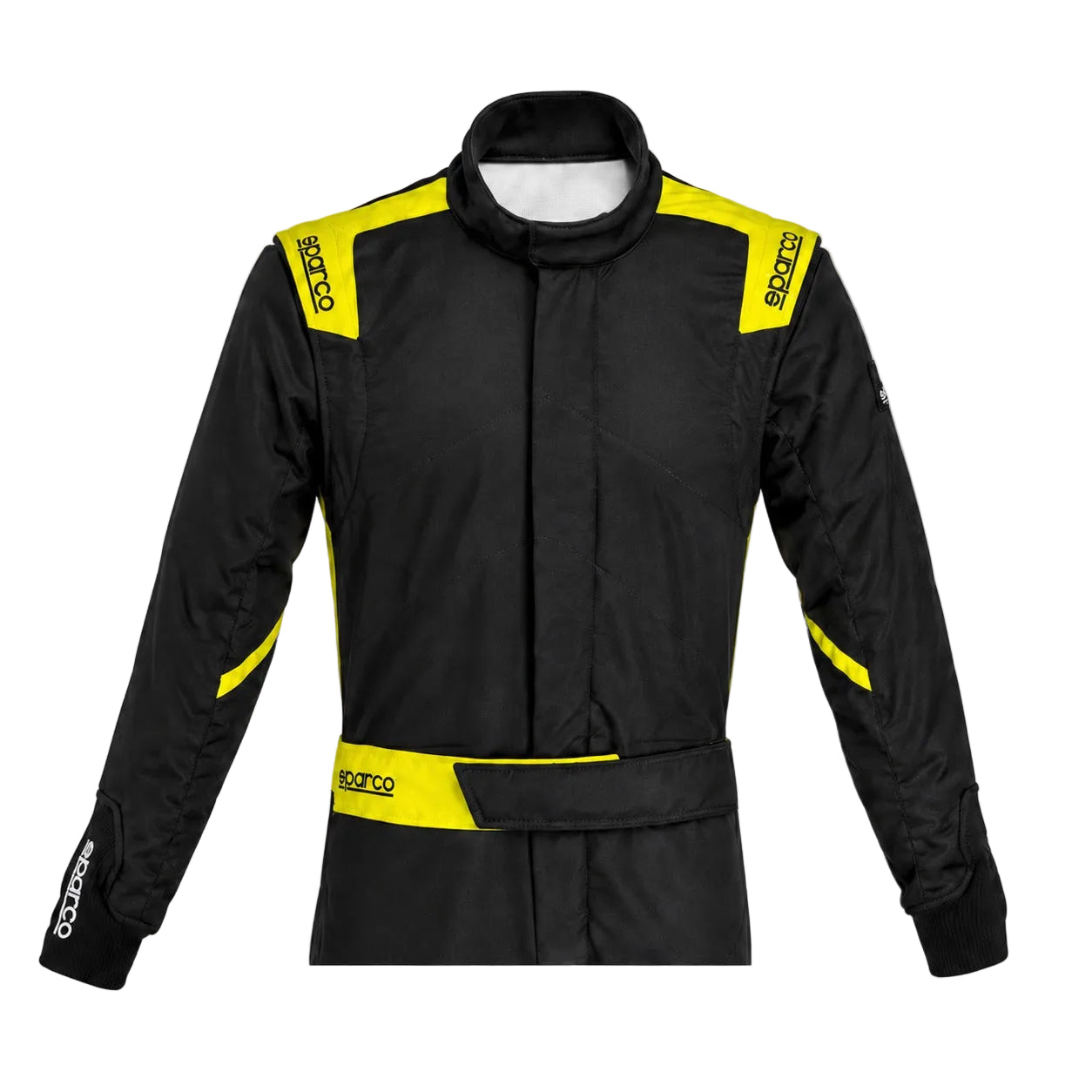 Black racing jacket with yellow accents on a white background