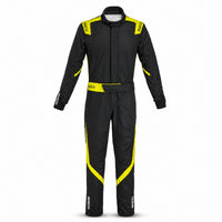 Thumbnail for Sparco Competition Youth black and yellow racing suit with FIA and SFI approved fire-resistant construction.