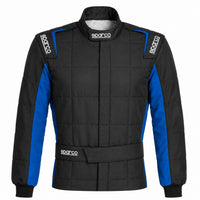 Thumbnail for Sparco Conquest 3.0 Race Suit black and blue upper-body Shopify image showing quilted construction, Sparco shoulder logos, high collar, belt closure, and knit cuffs.