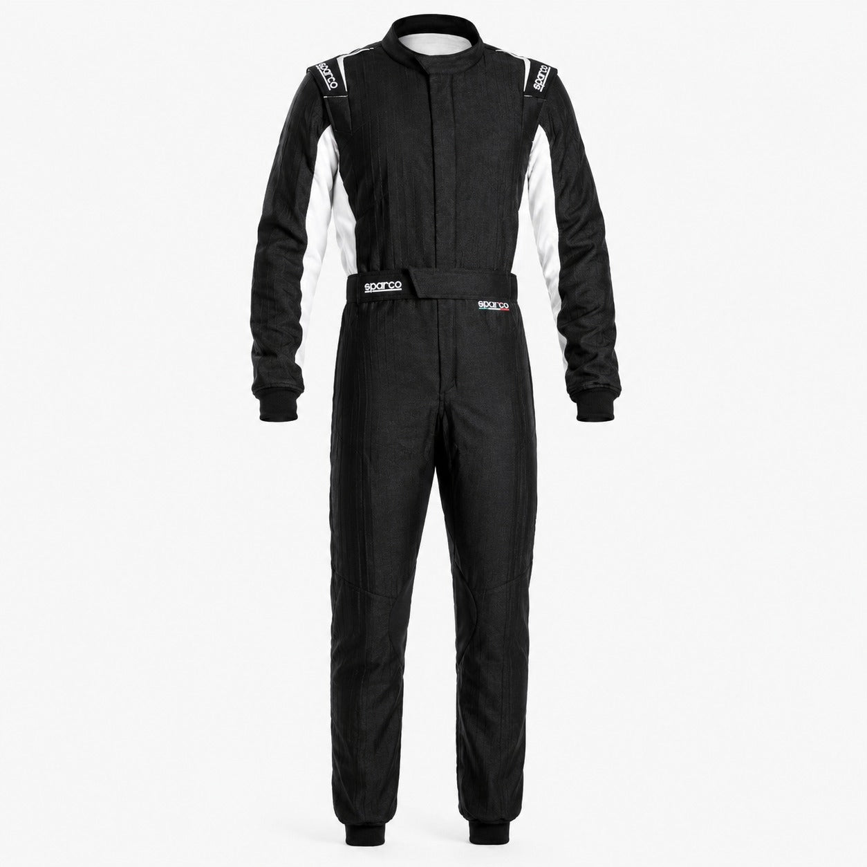 Sparco Eagle 2.0 black race suit image with white side panels, HOCOTEX construction, and clean white background.