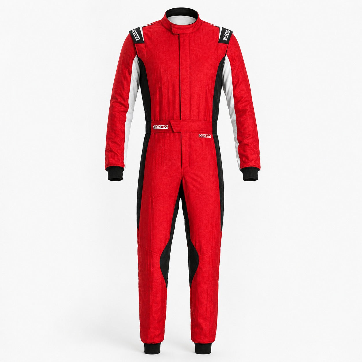 Sparco Eagle 2.0 red race suit image with black and white side panels, HOCOTEX construction, and clean white background.