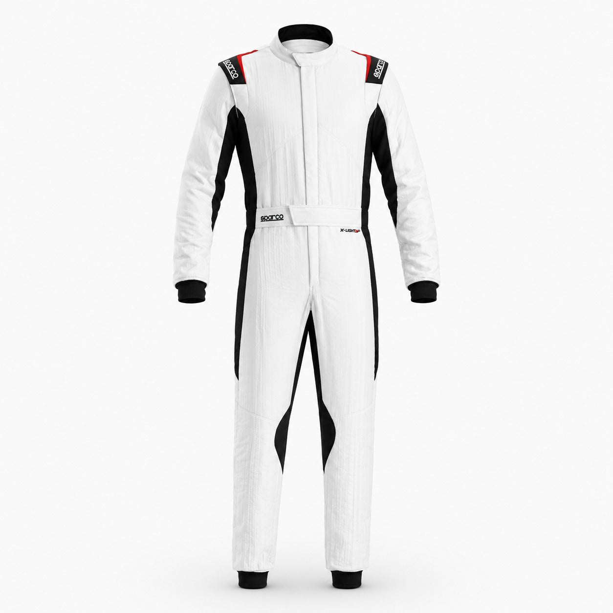 Sparco Eagle 2.0 white race suit image with black side panels, HOCOTEX construction, and clean white background.