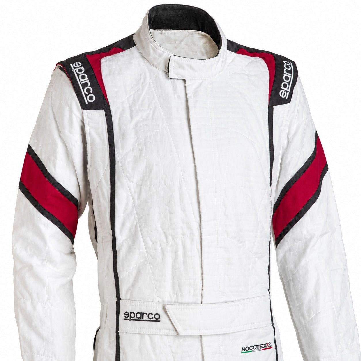 Sparco Eagle LT racing suit upper torso in white with red and black accents, HOCOTEX detail, and Sparco shoulder branding