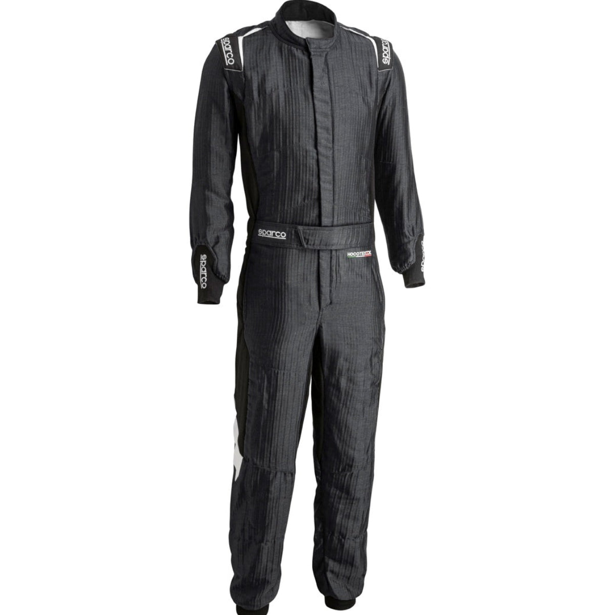 Sparco Eagle LTD Race Suit black front view with HOCOTEX fabric, Sparco shoulder logos, belt closure, and black stretch side panels.